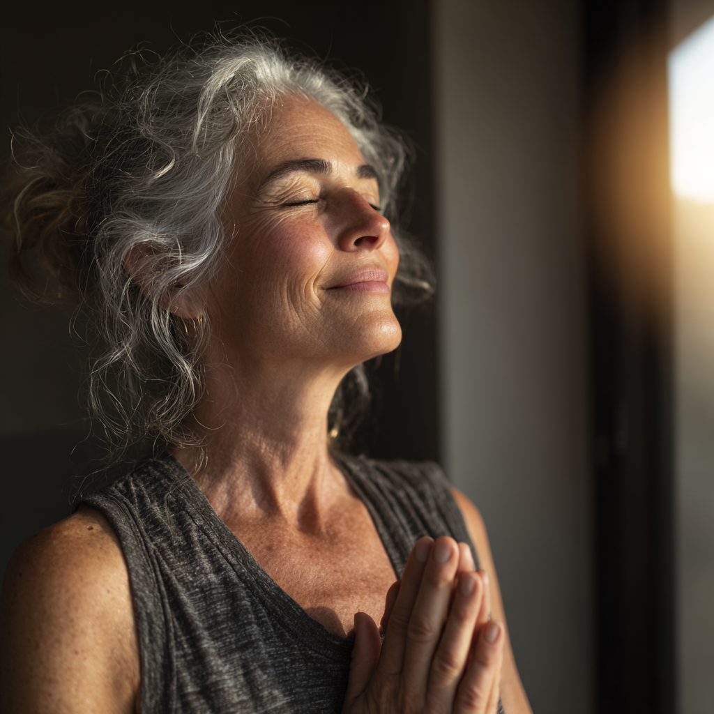 Mature woman practicing gentle yoga pose with peaceful expression in natural light